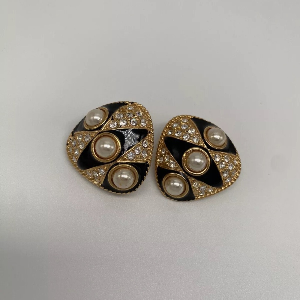 GORGEOUS Large Vintage ROMAN Black White Gold Clip On Pearl Rhinestone Earrings